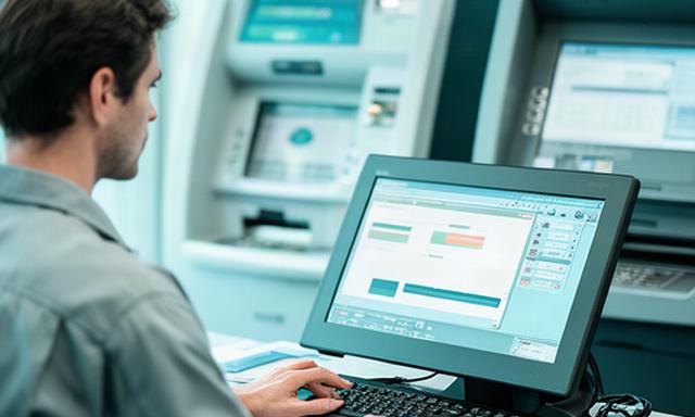 診断端末でATMの稼働データを確認する技術者、足立区のサービス拠点